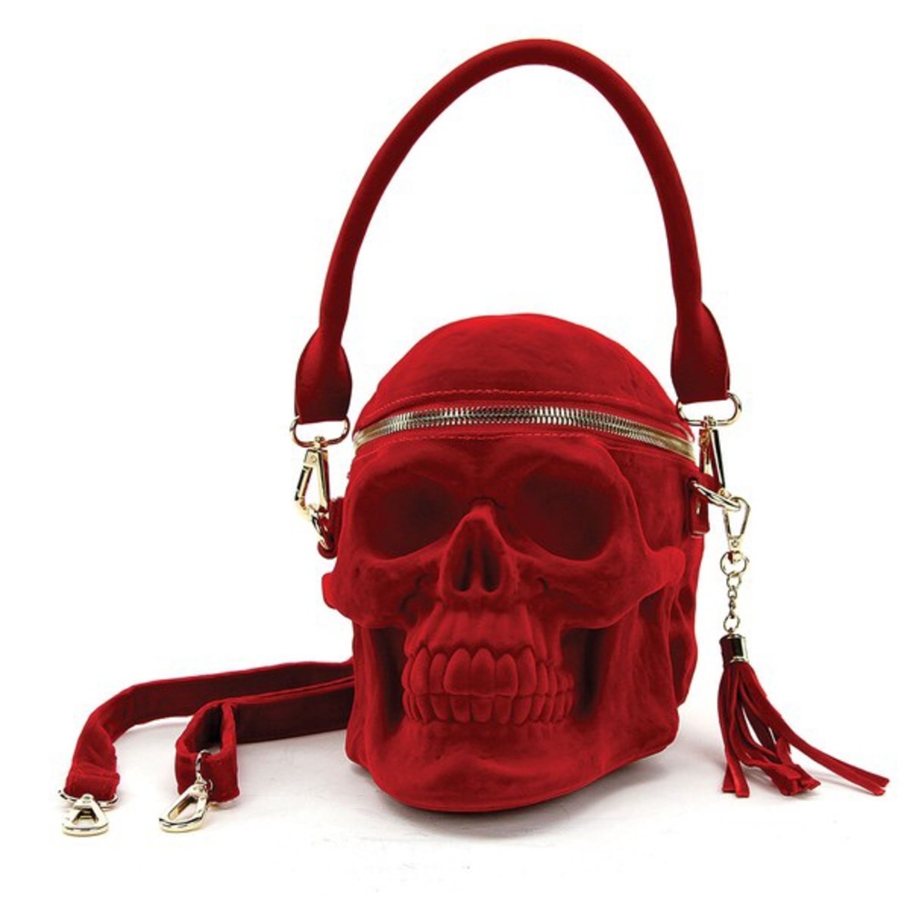 Gothic Art Life Size Red Velvet Curved Skull Clutch Crossbody or Shoulder Bag